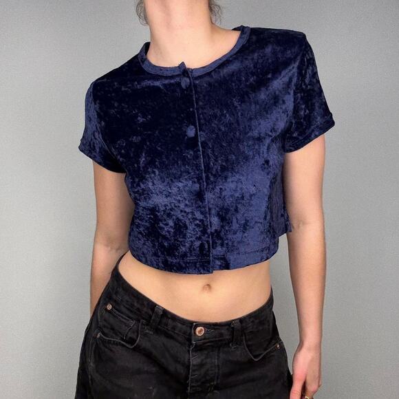 Blue velvety button up vintage short sleeve cardigan festive top - Picture 2 of 7